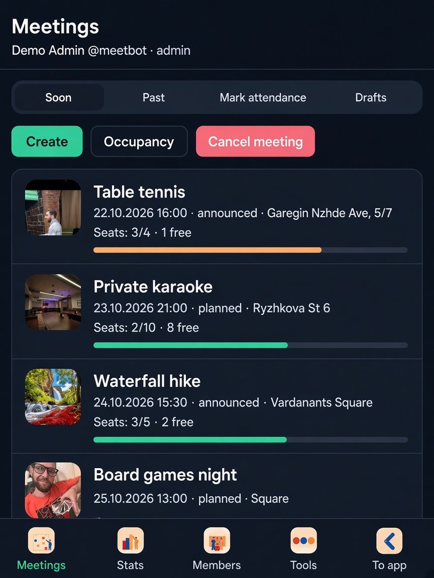 Events screen with photos and redacted participant data